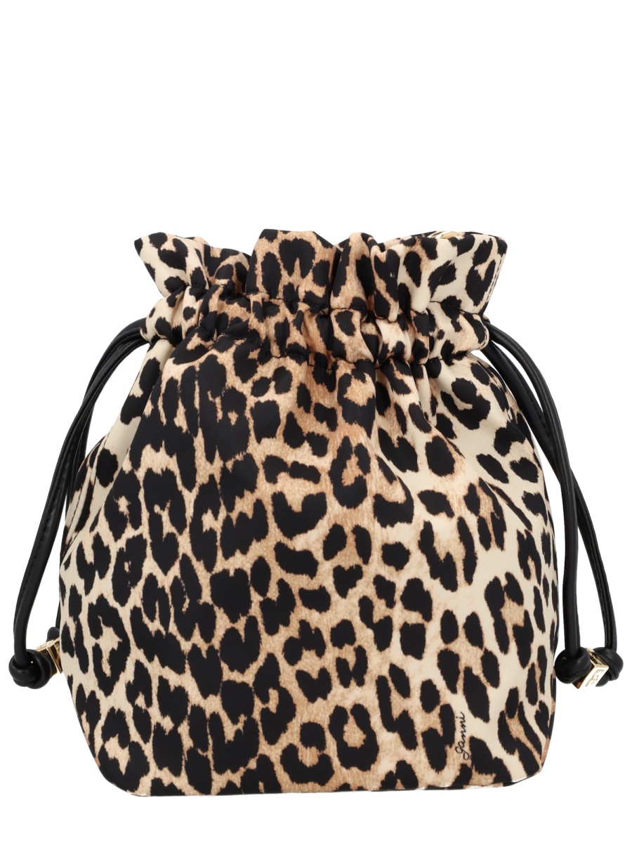 Ganni Multicolor Animal Print Drawstring Polyamide Shoulder Bag Zwart