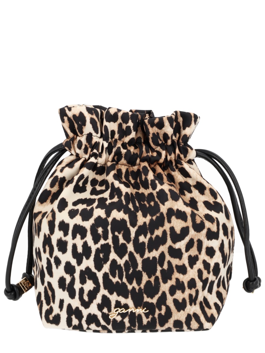 Ganni Multicolor Animal Print Drawstring Polyamide Shoulder Bag Zwart