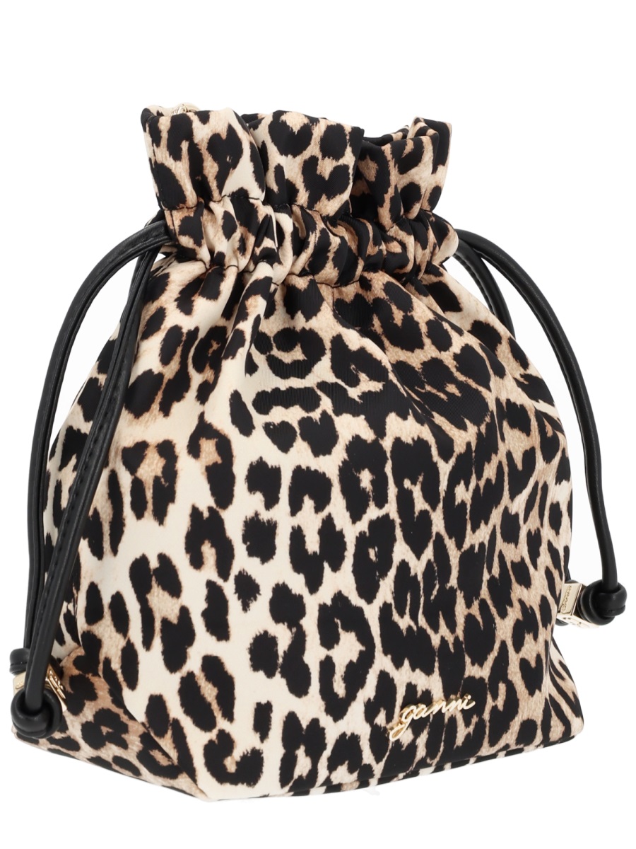 Ganni Multicolor Animal Print Drawstring Polyamide Shoulder Bag Zwart