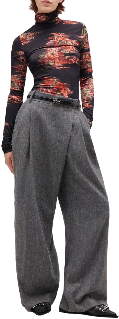 Ganni Geborstelde wollen gestreepte broek met middelhoge taille Donkergrijs