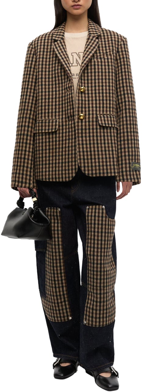Ganni CHECK WOOL MIX OVERSIZED SINGLE BREASTED BLAZER Bruin