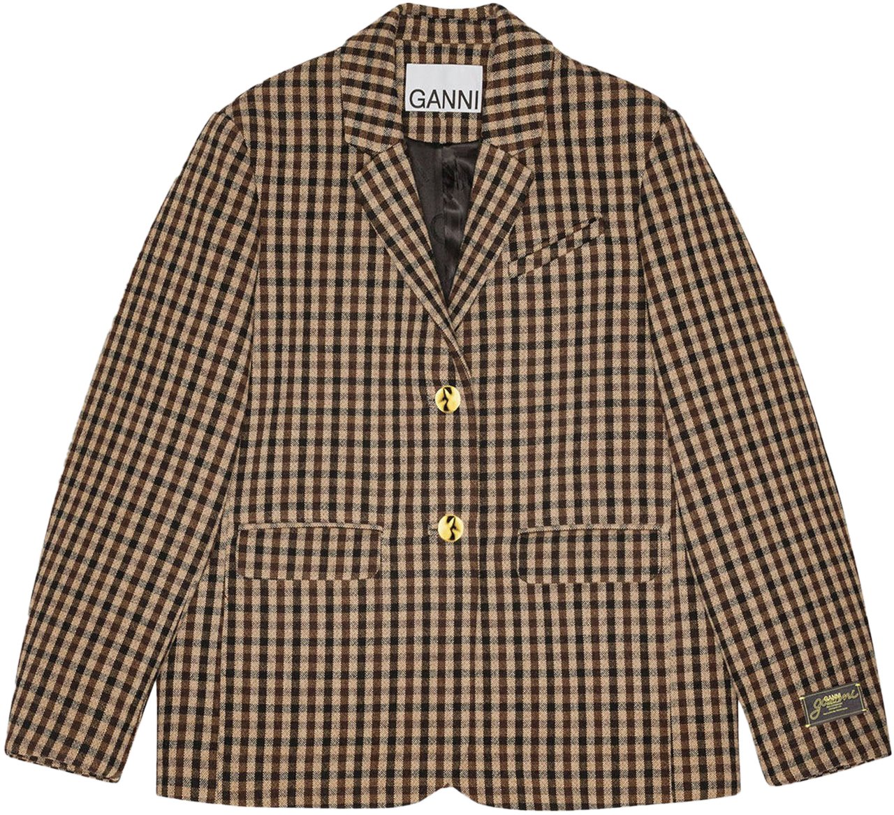 Ganni CHECK WOOL MIX OVERSIZED SINGLE BREASTED BLAZER Bruin