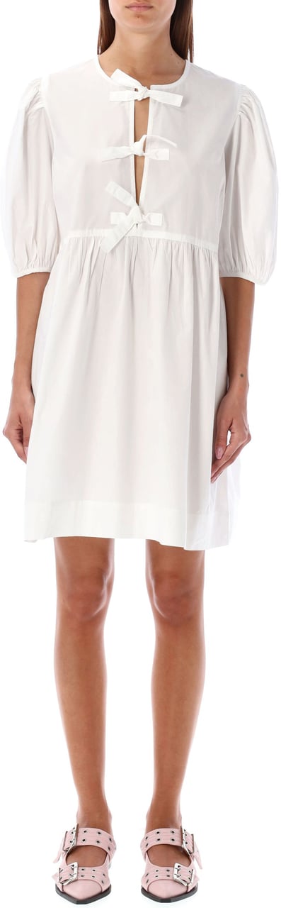 Ganni Tie String Popeline Dress Bianco Wit