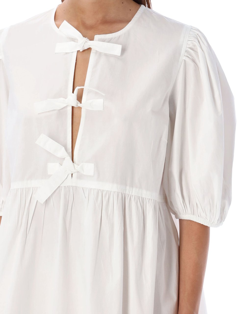Ganni Tie String Popeline Dress Bianco Wit