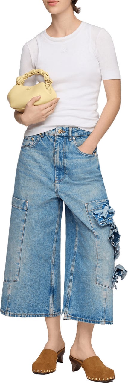 Ganni Flower Denim Cropped Baggy Cargo Jeans Blauw