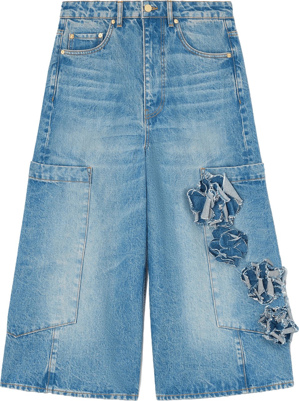 Ganni Flower Denim Cropped Baggy Cargo Jeans Blauw