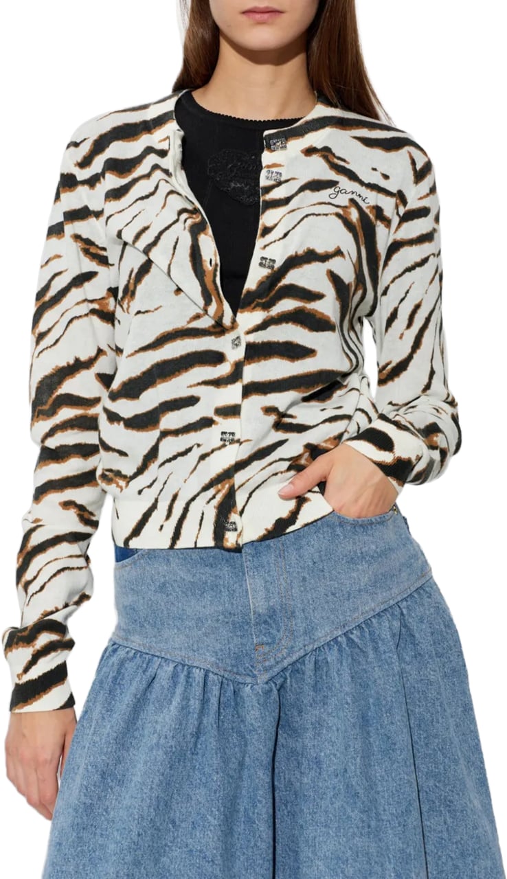 Ganni SHEER PRINTED COTTON CARDIGAN Wit