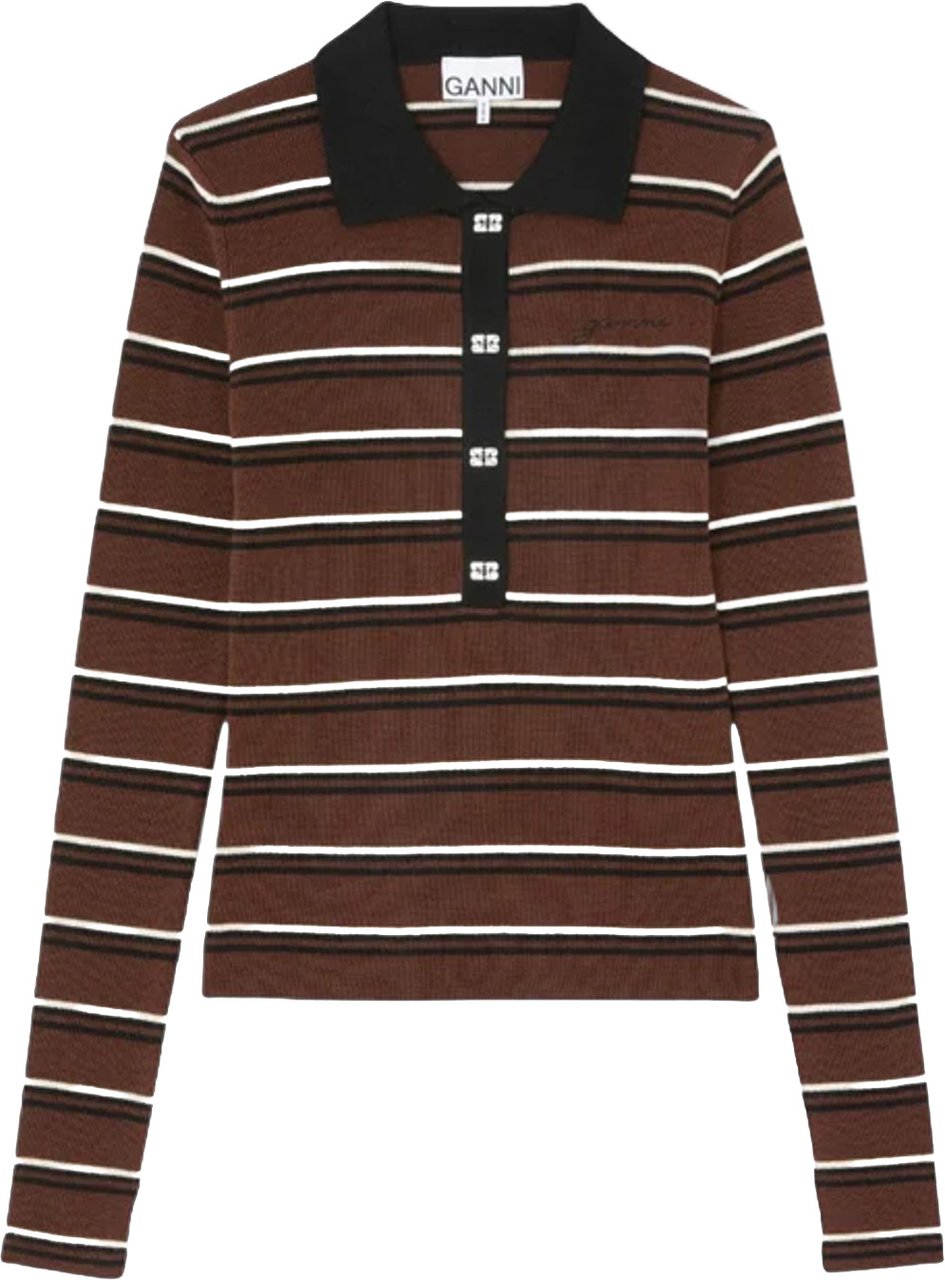 Ganni MINI RIBBED MERINO WOOL POLO SHIRT Bruin