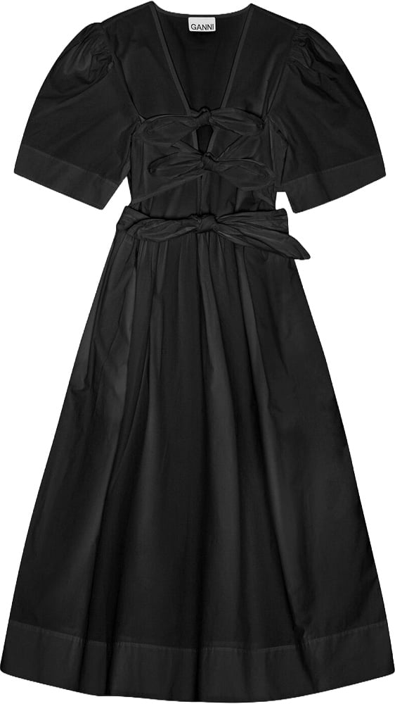 Ganni STRETCH COTTON TIE STRAP MIDI DRESS Zwart