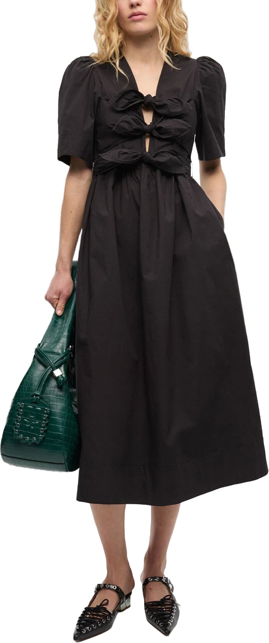 Ganni STRETCH COTTON TIE STRAP MIDI DRESS Zwart