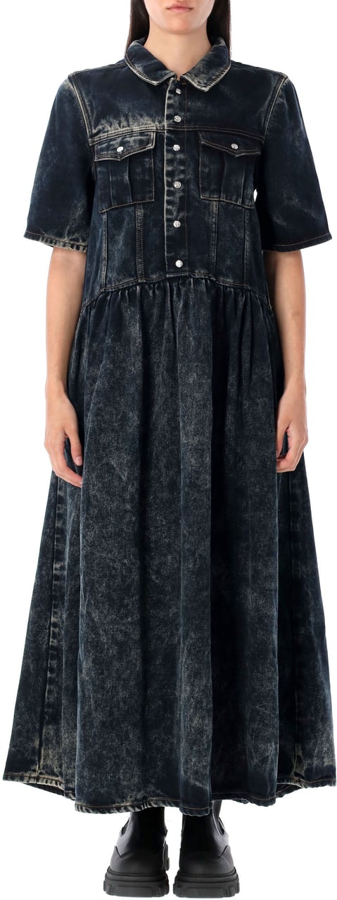 Ganni Denim Long Dress Washed Black Zwart
