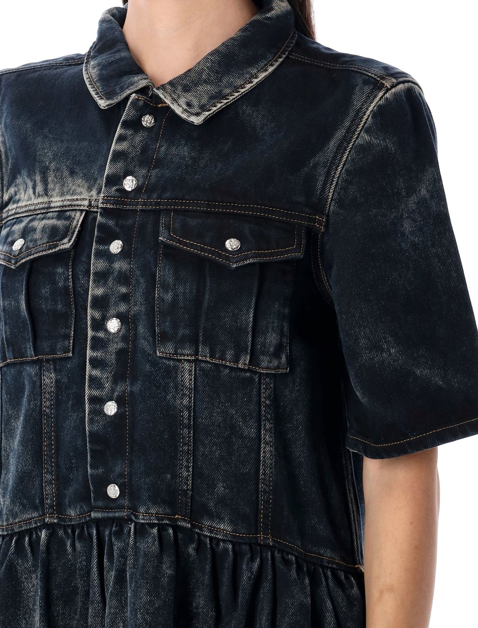 Ganni Denim Long Dress Washed Black Zwart