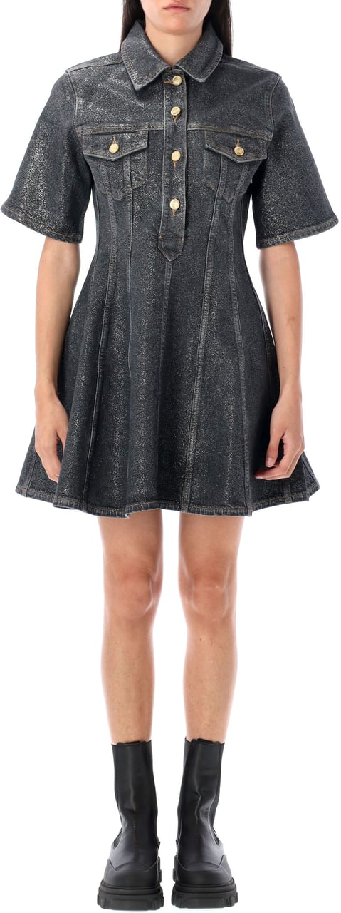 Ganni Foil Denim Mini Dress Washed Black Zwart