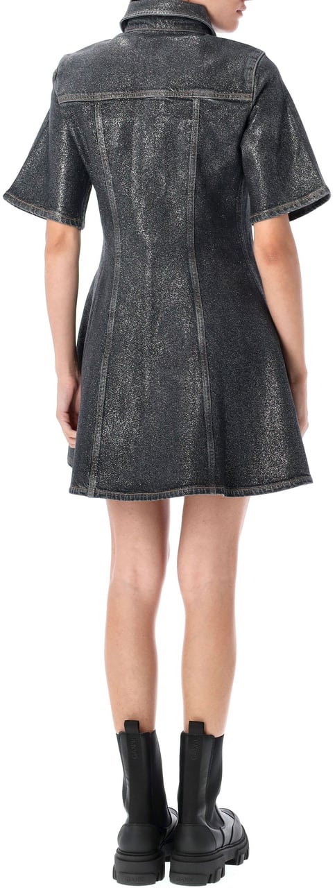 Ganni Foil Denim Mini Dress Washed Black Zwart