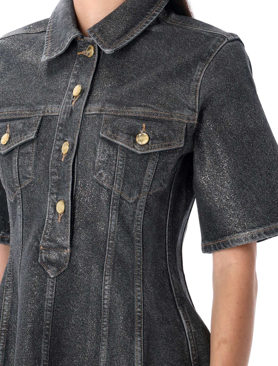 Ganni Foil Denim Mini Dress Washed Black Zwart
