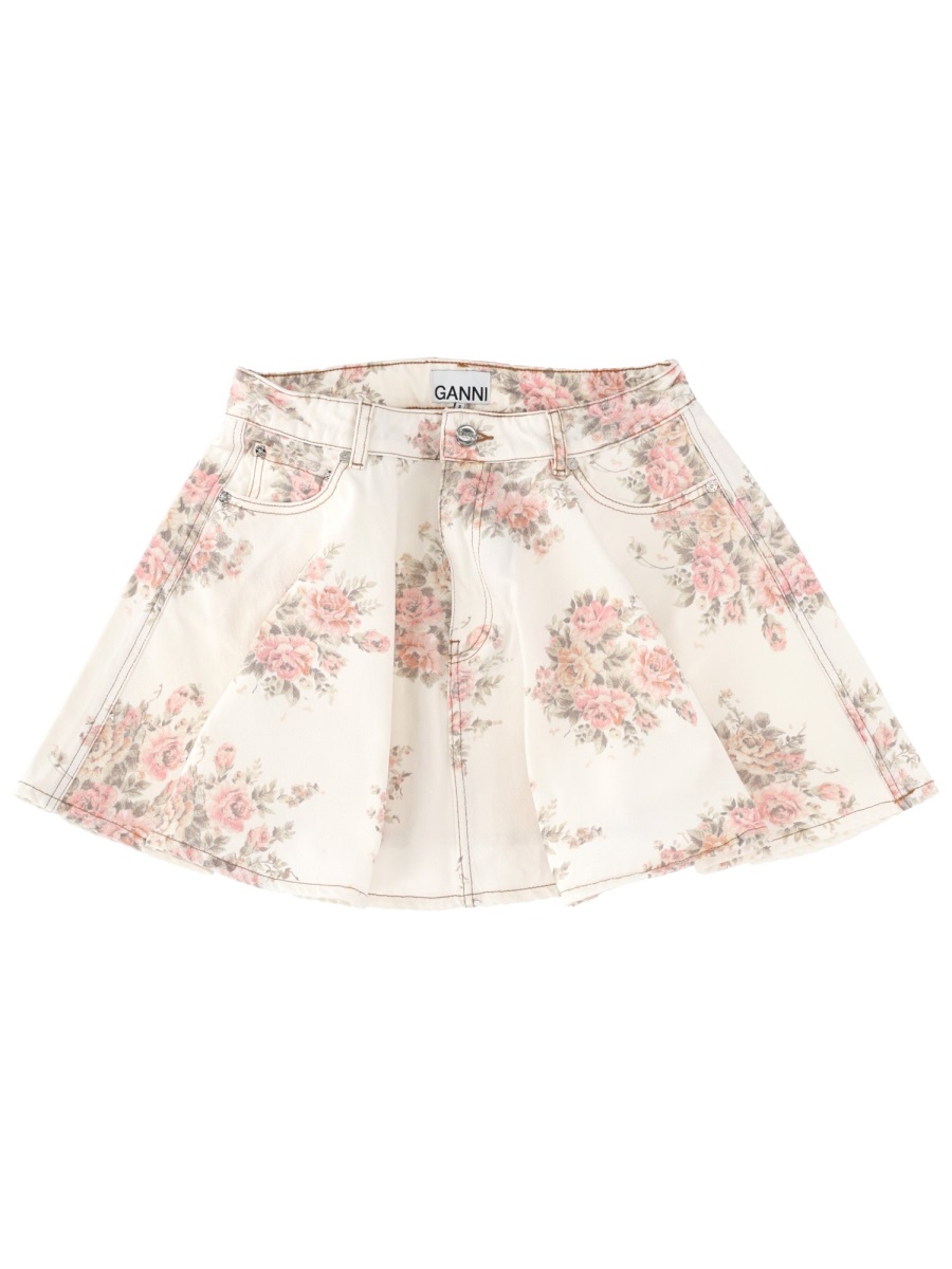 Ganni Ivory Flared Denim Mini Skirt Neutraal