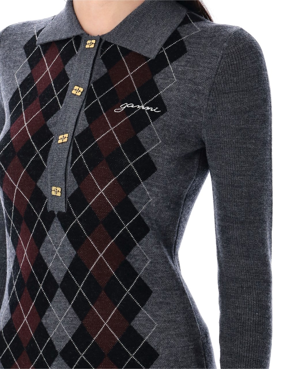 Ganni Knit Polo Argyle Frost Grey Grijs