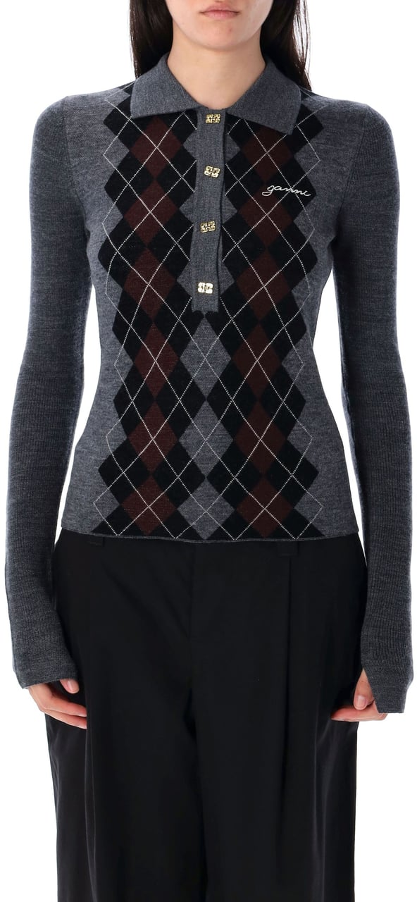 Ganni Knit Polo Argyle Frost Grey Grijs