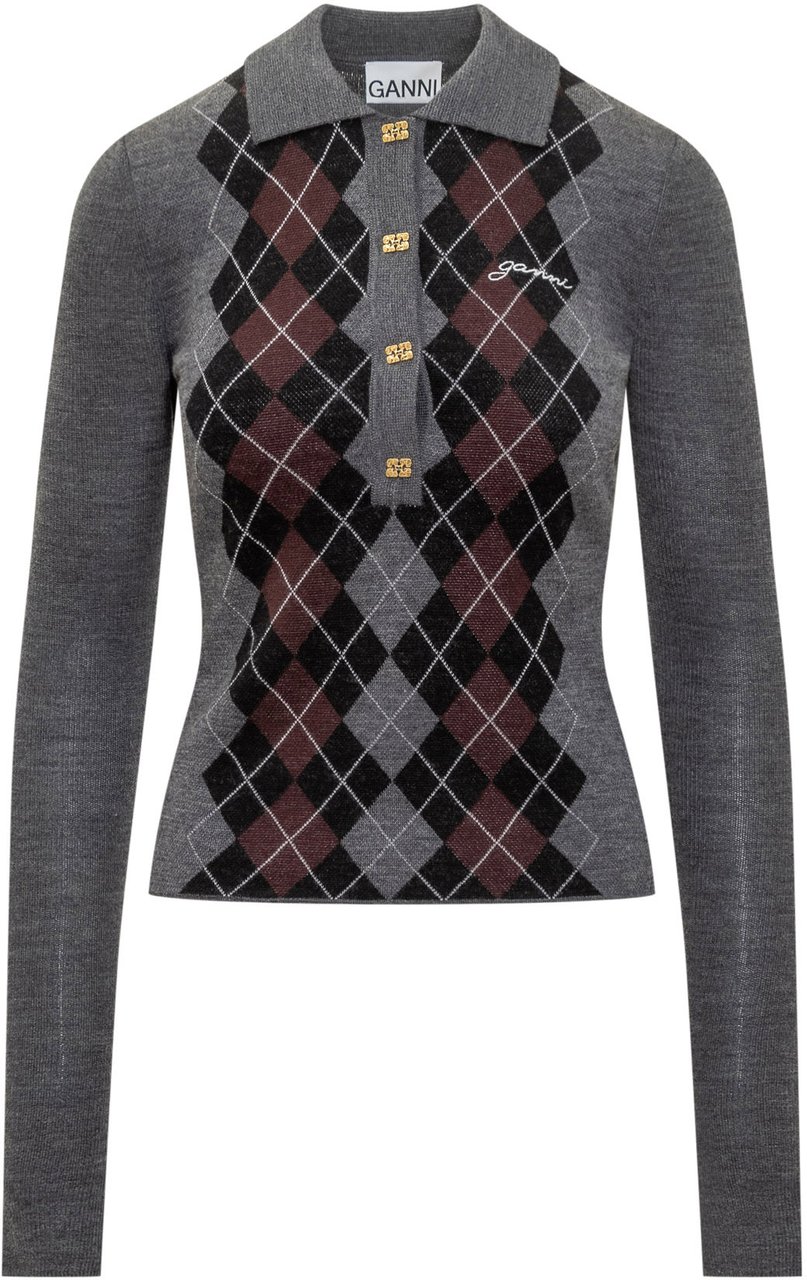 Ganni Polo Jacquard Grijs