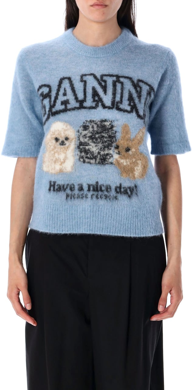 Ganni Puddle Knit Tshirt Soft Chambray Lichtblauw