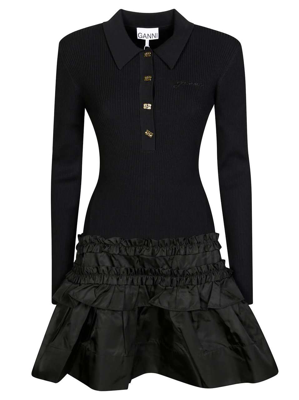 Ganni Melange Rib Knit Mini Dress Zwart