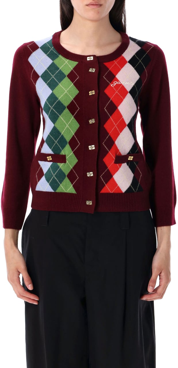 Ganni Cardigan Argyle Tawny Port Rood