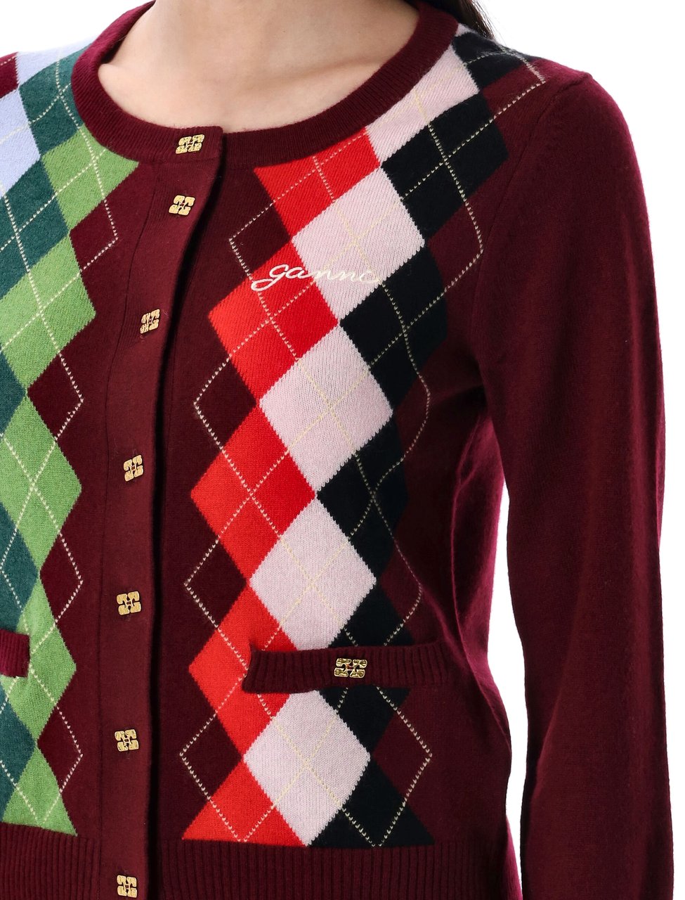 Ganni Cardigan Argyle Tawny Port Rood