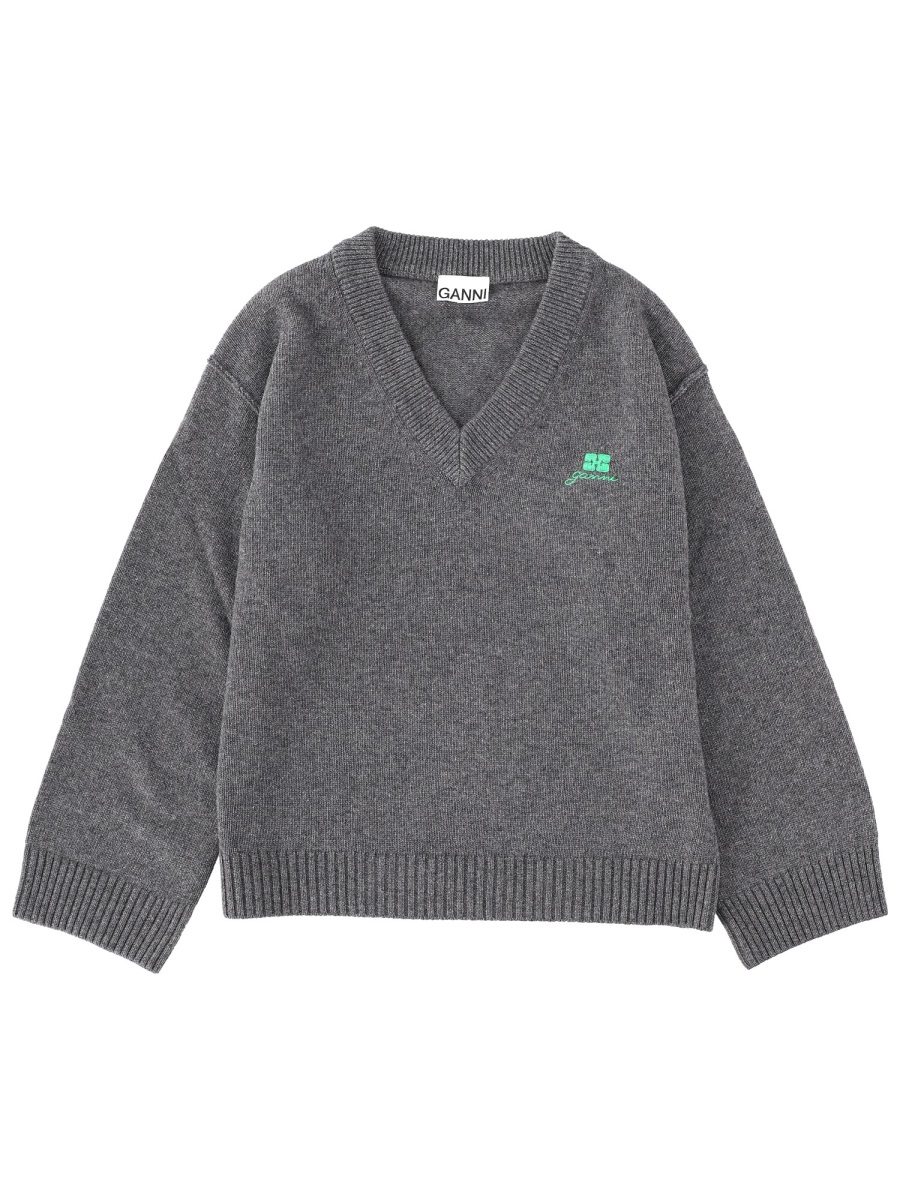 Ganni Oversized Embroidered Logo Sweater Grijs