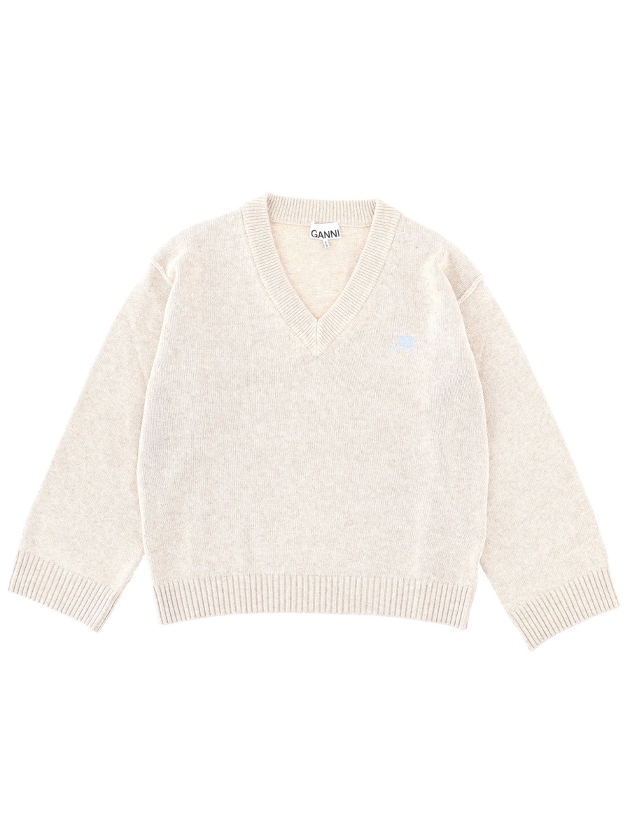 Ganni Textured Knit V-Neck Logo Sweater Neutraal