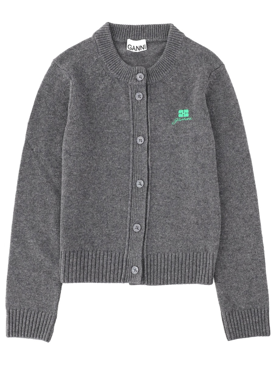 Ganni Regular Fit Embroidered Cardigan Grijs