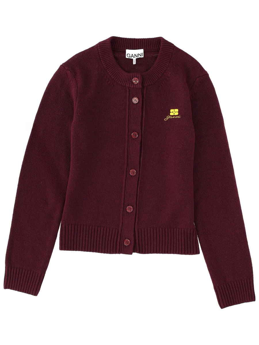 Ganni Button-Down Cropped Logo Cardigan Zwart