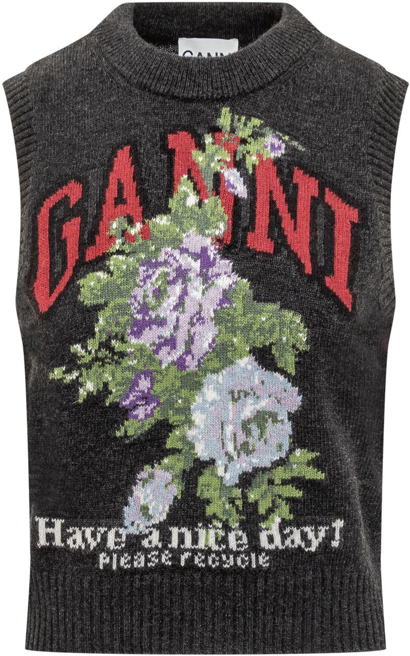 Ganni Gilet Ganni in Lana con Fiori e Logo Donkergrijs