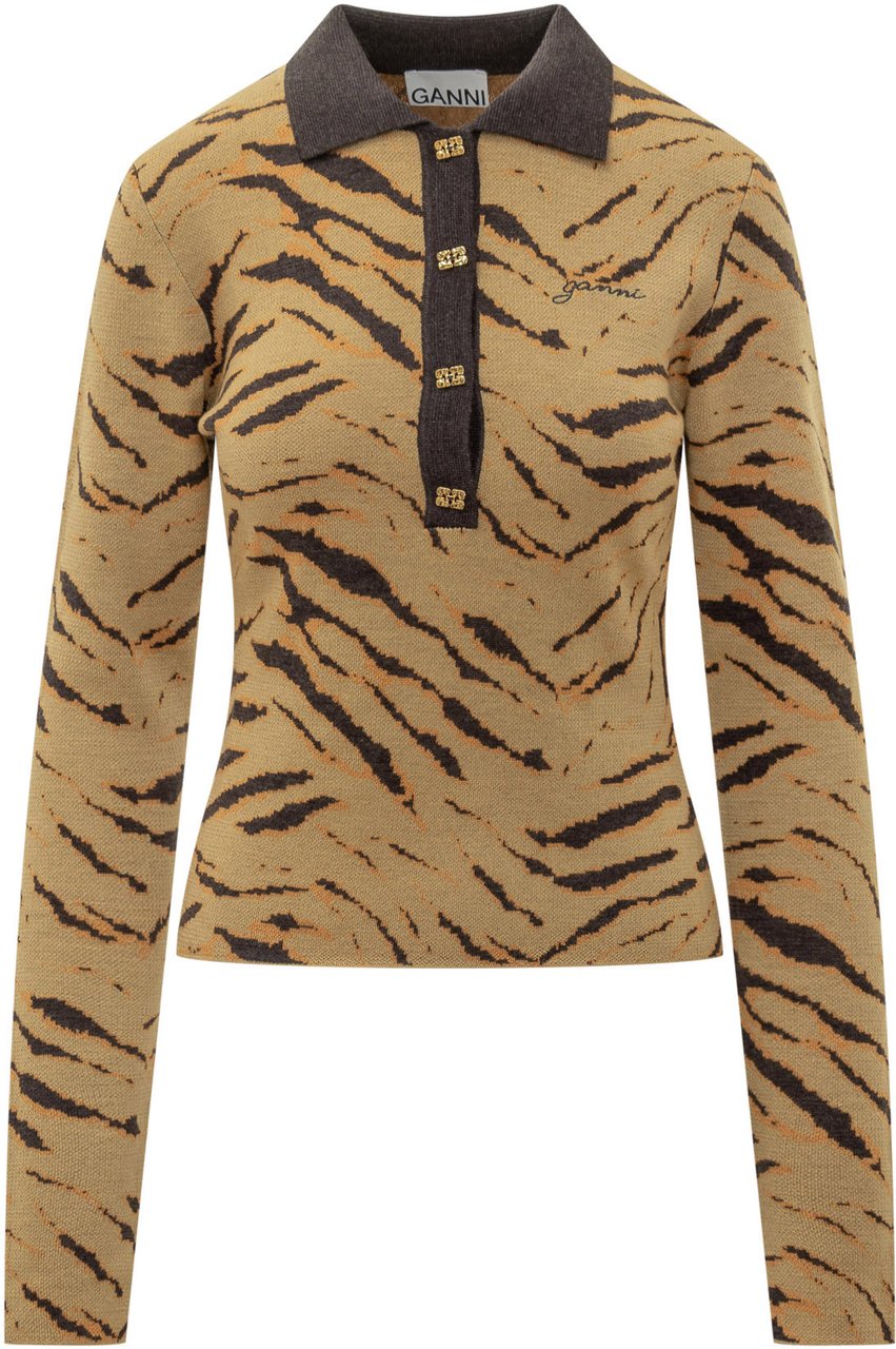 Ganni Ganni Maglia Polo Animalier a Maniche Lunghe Divers
