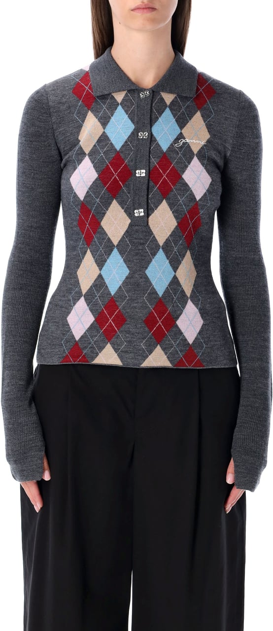 Ganni Polo Knit Argyle Paloma Grey Grijs