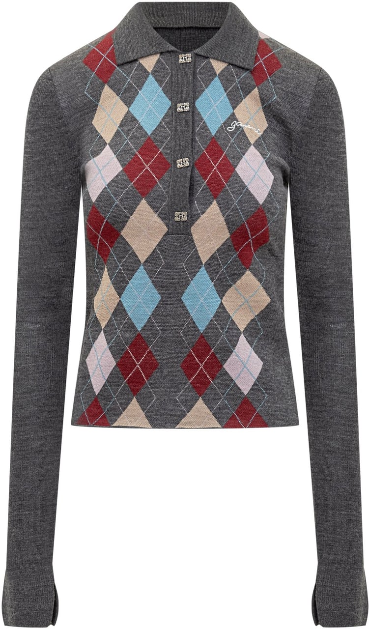 Ganni Polo Ganni a Maniche Lunghe con Motivo Argyle Grijs