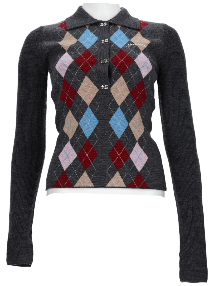 Ganni Argyle Pattern Long Sleeves Polo Shirt Zwart