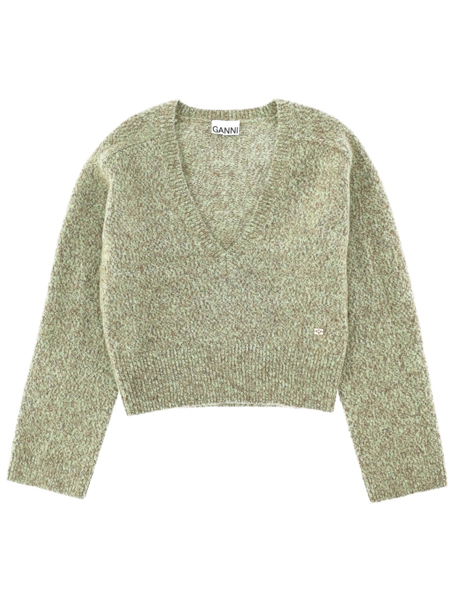 Ganni Green Cropped V-Neck Sweater Grijs