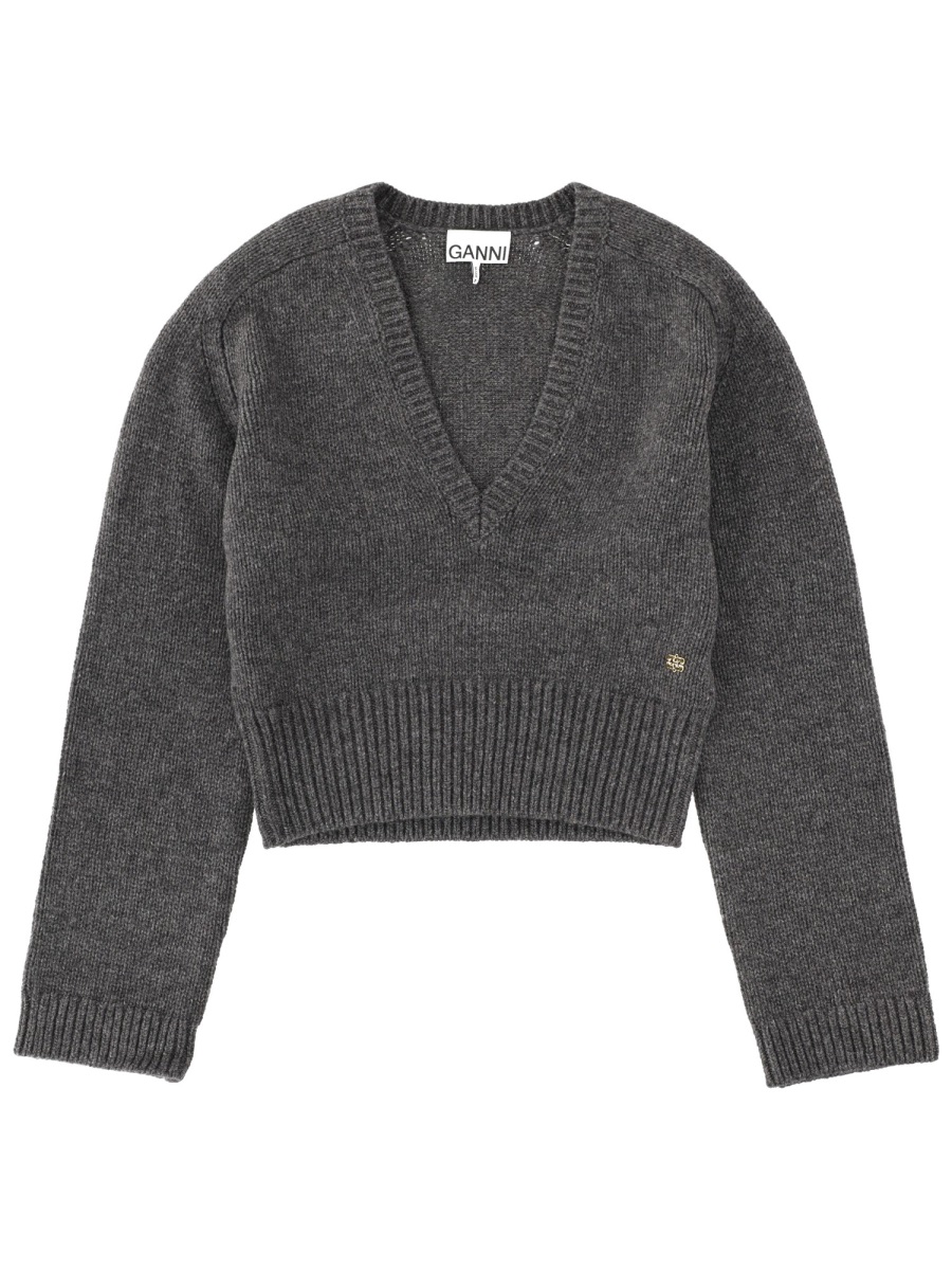 Ganni Charcoal Cropped V-Neck Sweater Grijs