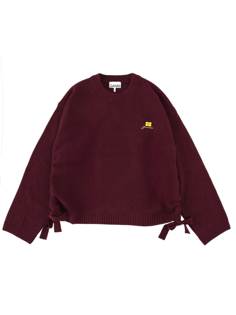 Ganni Burgundy Wool-Blend Oversized Side Tie Sweater Zwart