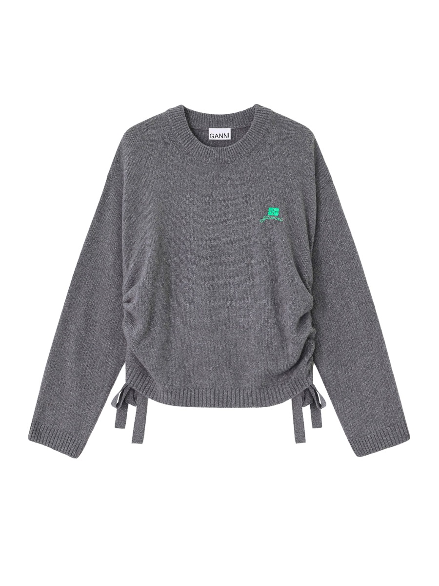 Ganni Grey Ruched Side Embroidered Sweater Grijs