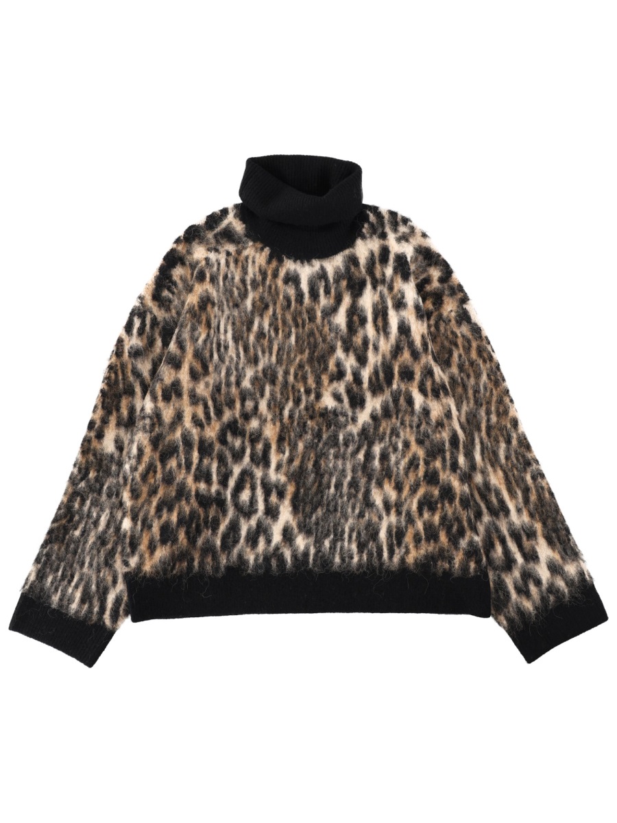 Ganni Animalier Leopard Print Turtleneck Sweater Grijs