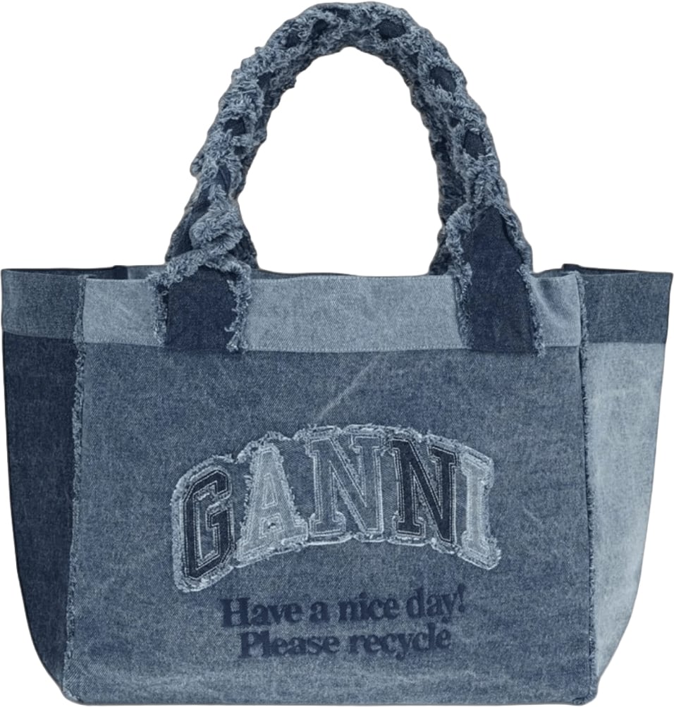 Ganni Medium Trapeze Denim Shopper Bag Blauw