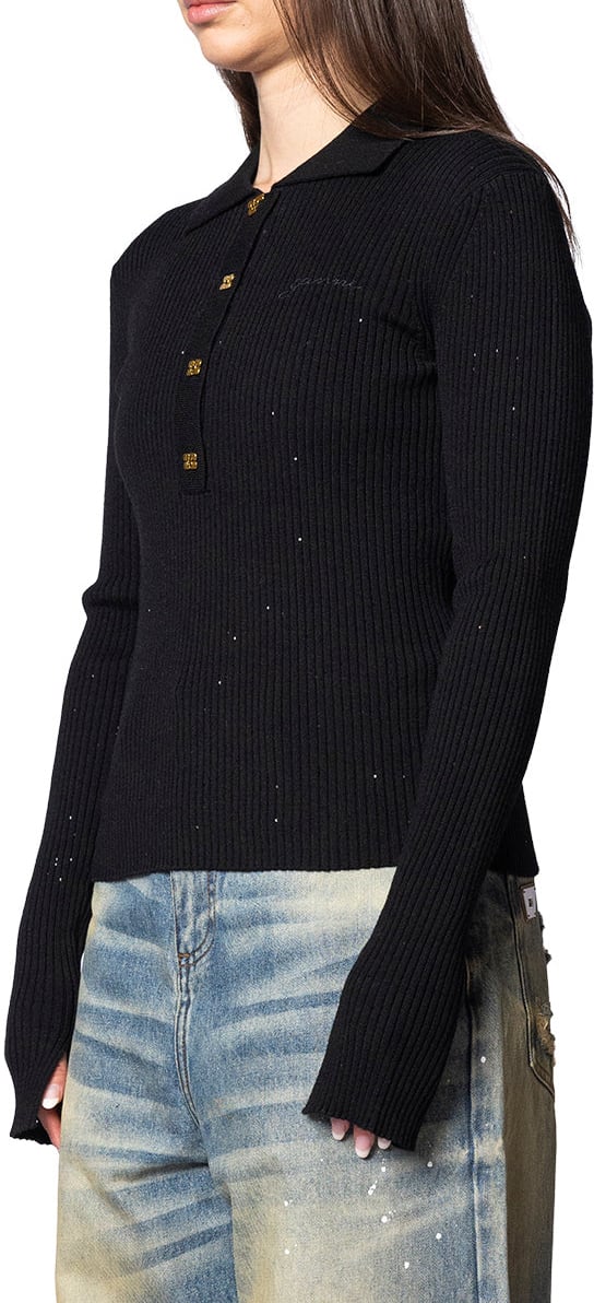 Ganni FINE SEQUIN POLO BLACK Zwart