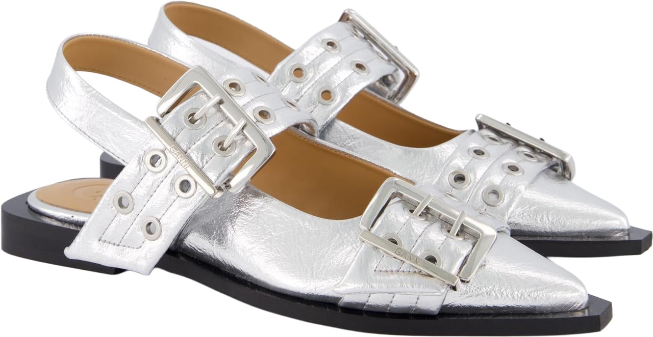 Ganni Dames Chunky Buckle Ballerina Zilver Metallic