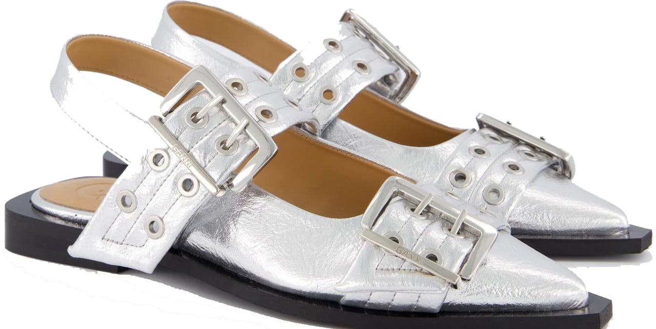 Ganni Dames Chunky Buckle Ballerina Zilver Metallic