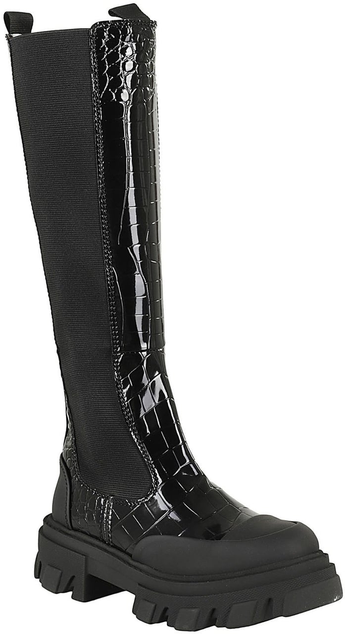 Ganni GANNI Cleated High Croc Embossed Chelsea Boots Zwart