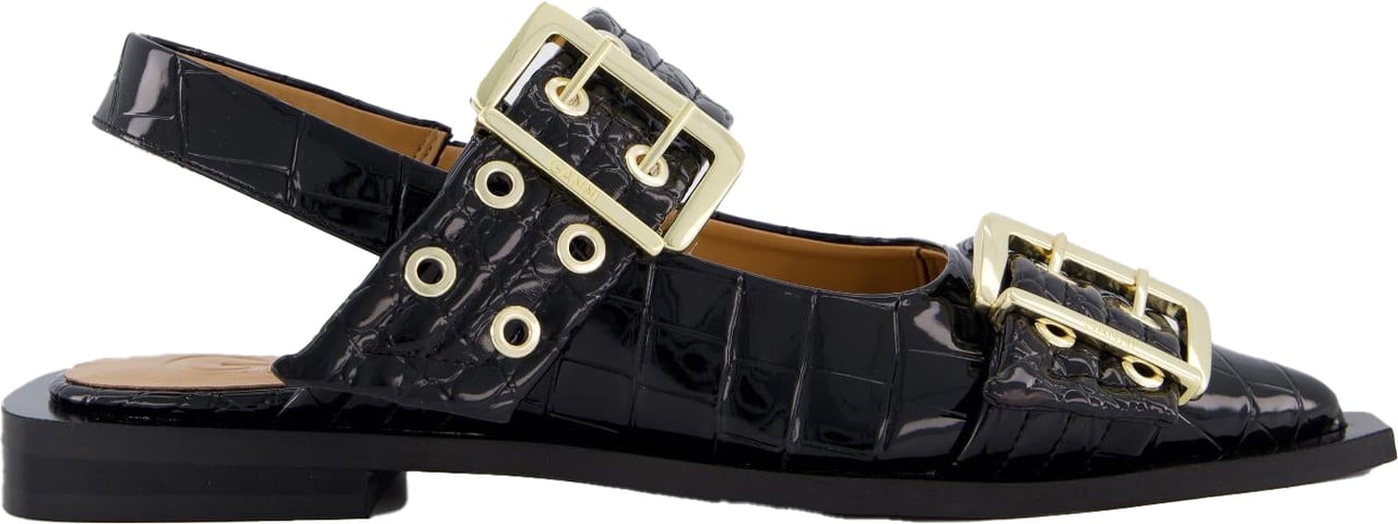 Ganni Dames Chunky Buckle Ballerina Croco Zwart