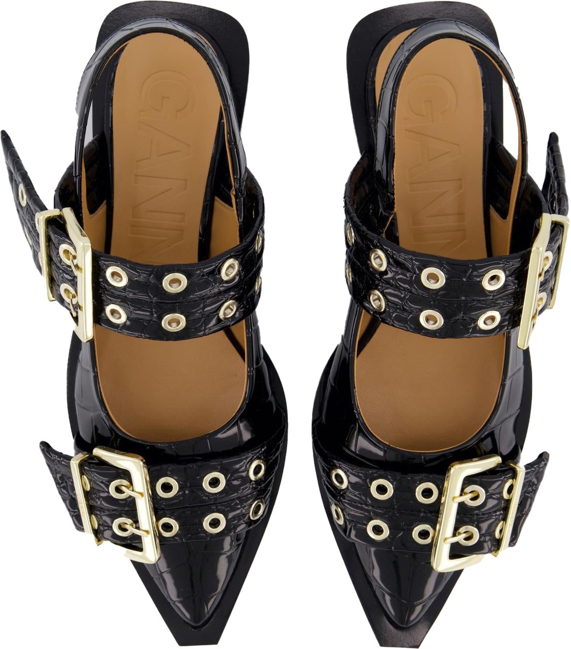 Ganni Dames Chunky Buckle Ballerina Croco Zwart