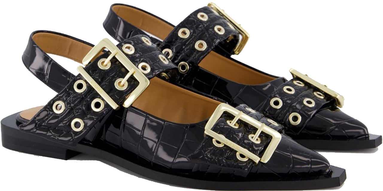 Ganni Dames Chunky Buckle Ballerina Croco Zwart