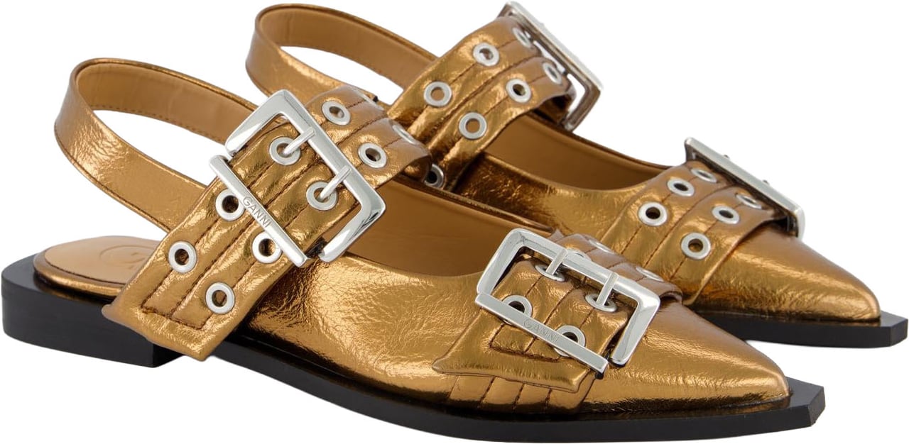 Ganni Dames Chunky Buckle Ballerina Brons Metallic